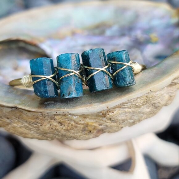 Blue Apatite Triple-Stone Wire Wrap Cuff w/ 14Kt Gold Over Copper – NWT Handmade - Picture 3 of 9